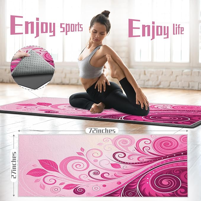 Hot Yoga Towel Non Slip, Ultra-Absorbent Yoga Mat Towel, Soft with Printed Design, Machine Washable, Yoga Pilates Towel Suitable for Exercise, Pilates, Yoga, 72x27in,Pink Plants