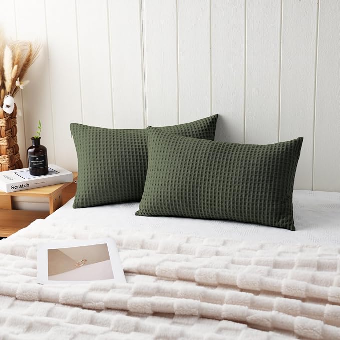100% Egyptian Cotton 600 TC Waffle Weave Lumbar Pillow Covers 2 Pack | Ultra Soft Breathable Rectangle Throw Pillow Covers, Decorative Cushion Covers for Bed Couch Sofa Car, Olive Green, 12" x 20"