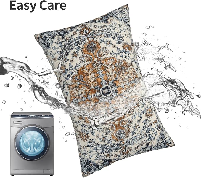 AEIOAE Rust Blue Pillow Covers 12x20 Inch Set of 2,Boho Throw Pillows Case,Carpet Pattern Ethnic Design Outdoor Decorative Square Linen Farmhouse Decor Cushion Covers for Home Sofa Bed Couch