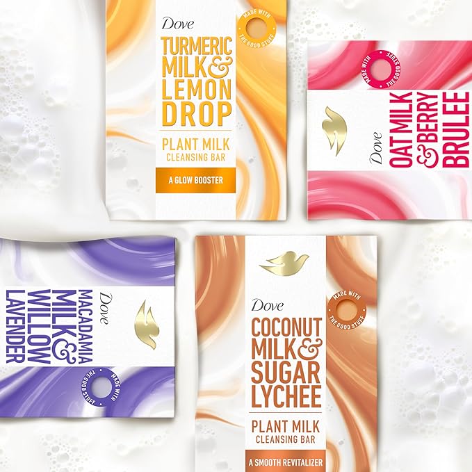 Dove Plant Milk Cleansing Bar Soap Turmeric Milk & Lemon Drop Glow Booster 4 Count for Moisturized Skin Gentle Cleanser, No Sulfate Cleansers or Parabens, 98% Biodegradable Formula 5 oz
