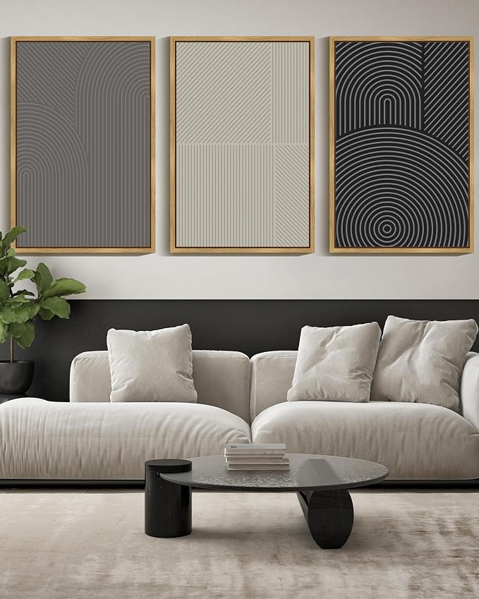 Drsoum Mid-Century Modern Framed Wall Art Large 24x36in Minimalist Abstract Boho Neutral Line Wall Decor Geometric Artwork Kitchen Dining Room Black Framed
