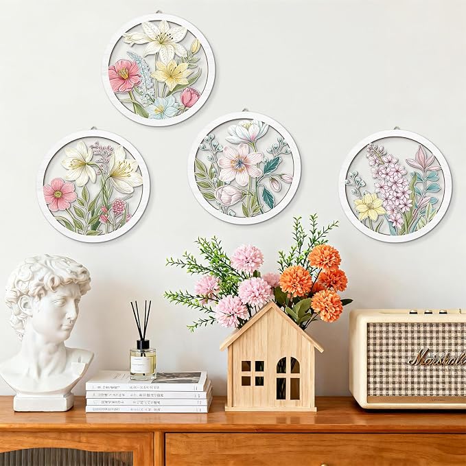 Boho Flower Wall Decor, Abstract Floral Market Wooden Wall Hanging Sign, 4 Pieces 10''x10'' Colorful Plant Wall Art, Minimalist Wildflower Botanical Wood Plaue for Girls Bedroom Living Room