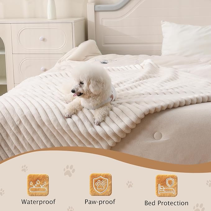 PuTian Waterproof Dog Blanket for Couch, 30"x40", Off White | Blocks Urine, Stains and Pet Hair to Guard Furniture, Perfect For Dogs & Cats On Couch, Bed, Car And Travel