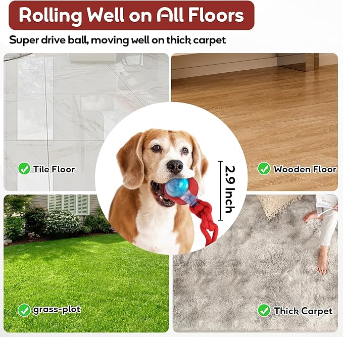 Dog Toys Interactive Rolling Ball with Rope, Motion-Activated