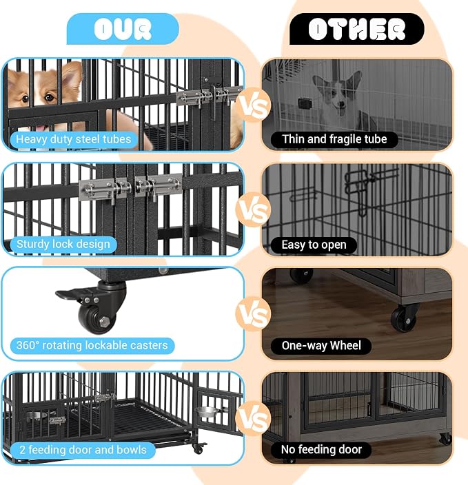 42 Inches Heavy Duty Dog Crate, Large Metal Dog Kennel with Flexible Divider, 2 Door, Feeding Bowls, Dog Cage House with Removable Tray and Wheels for Small Medium Large Pets