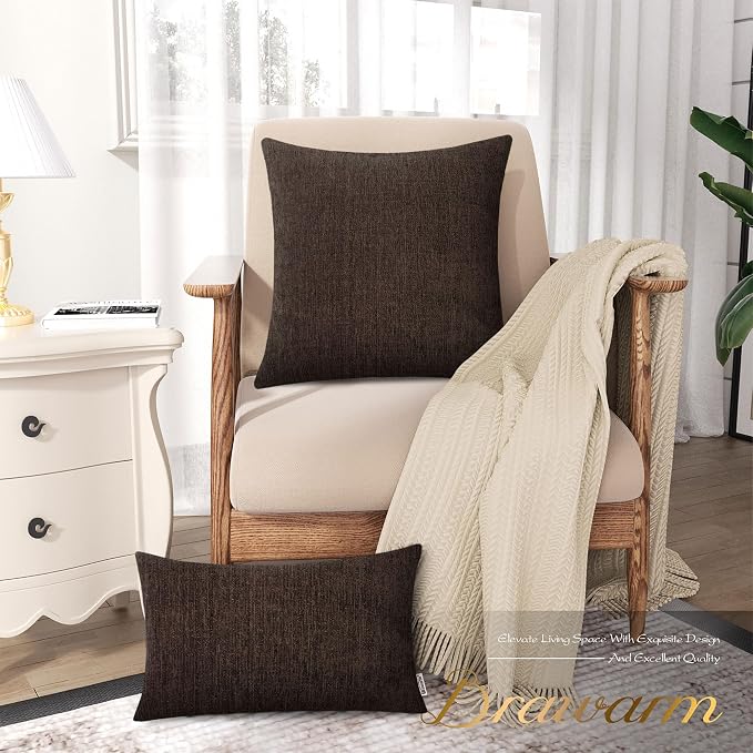 BRAWARM Throw Pillow Covers 20x20 Inches - Coffee Chenille Pillow Covers Pack of 2, Solid Dyed Soft Chenille Pillow Cases for Couch Sofa Bed Home Decoration