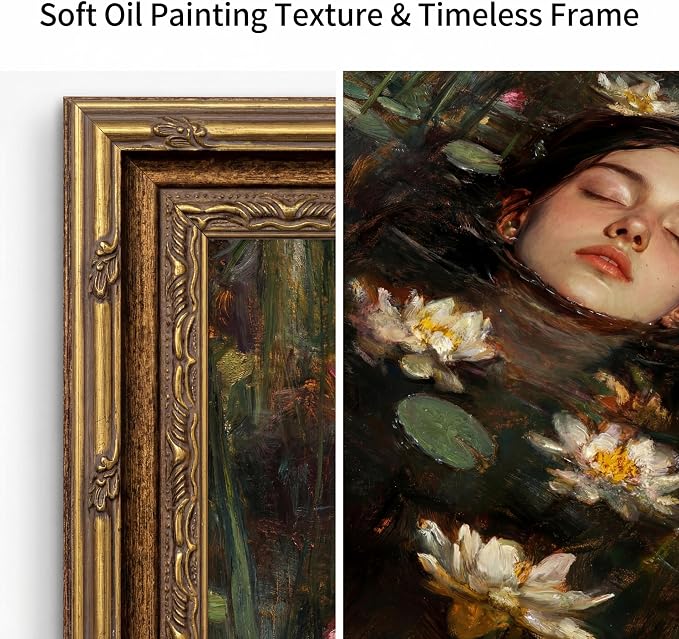 Vintage Gold Framed Gothic Wall Art, Ophelia Inspired Woman Portrait Print | Dark Academia Romantic Victorian Oil Painting Canvas Print Picture Wall Decor for Living Room Bedroom Office, 8x10 Inch
