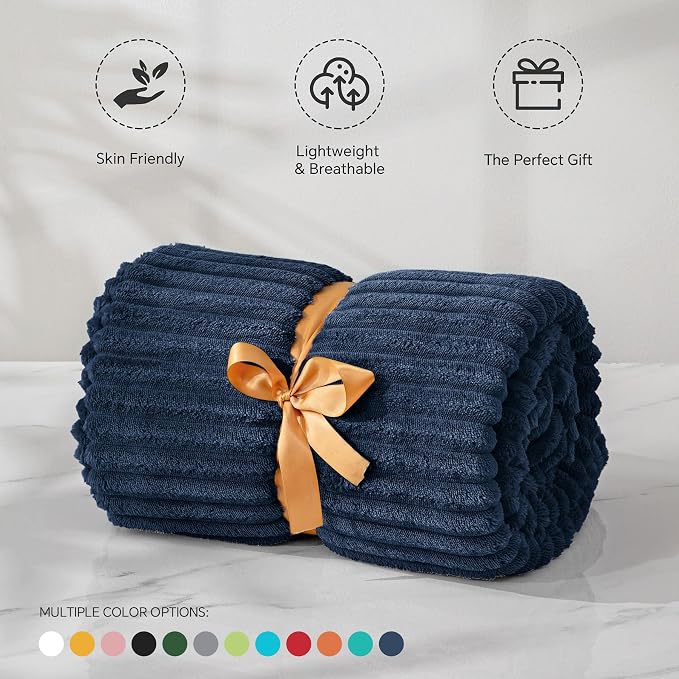 BEDELITE 3D Ribbed Navy Blue Fleece Throw Blanket for Couch, 50x60 Inch | Soft Warm Decorative Fluffy Blanket, Cozy Plush Lightweight Fuzzy Throw Blanket for Bed Sofa Home Room Decor, Gift for Women