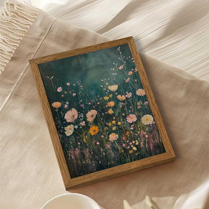 JLTULT Vintage Floral Wall Art, Pink Wood-Framed Canvas, 8 x 10 In | Pink wildflower art on fade-resistant canvas with a ready-to-hang solid wood frame for bathroom, bedroom and farmhouse decor