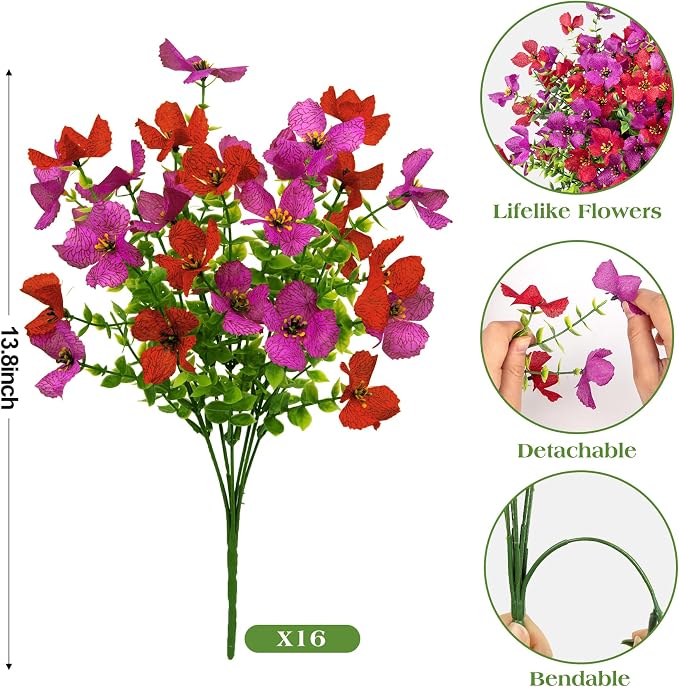 16 Pcs Artificial Flowers for Outdoors Decoration, Purple & Red | Realistic, silk flowers, faux plastic plants, UV resistant, for summer garden porch window vase indoor outdoor home decor