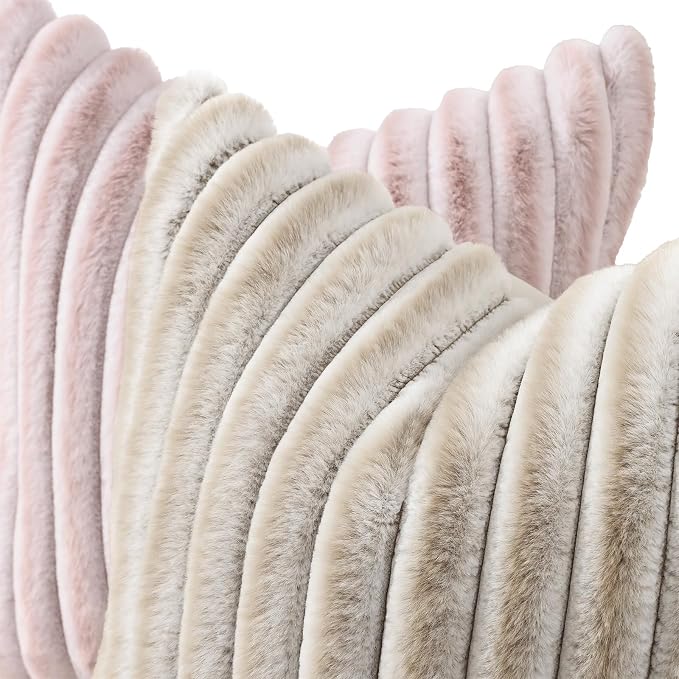 decorUhome Fall Faux Fur Throw Pillow Covers 20x20 Set of 2 Beige White | Decorative Soft Cozy Striped Plush Modern Farmhouse Boho Couch Pillow Cases Velvet Back for Sofa Bed Living Room Home Decor