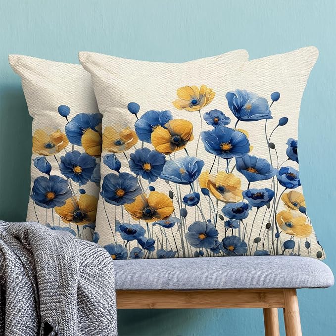 Spring Floral Pillow Covers 20x20 Set of 2 Blue Yellow Flower Decorative Throw Pillow Covers Summer Seasonal Pillowcase Farmhouse Decorative Cushion Cover for Couch Sofa Outdoor Decoration