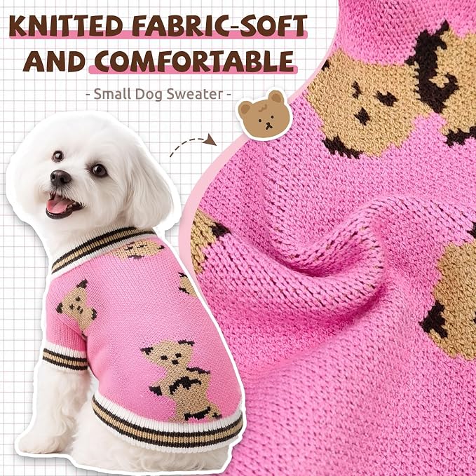 Small Dog Sweaters Cute Bear Knitted Dog Cardigans Clothes for Small Medium Dogs Soft Pet Puppy Cat Knitting Outfits Fall Winter Warm Boy Girl Dogs Knitwear Coat Apparel(Pink, X-Small)