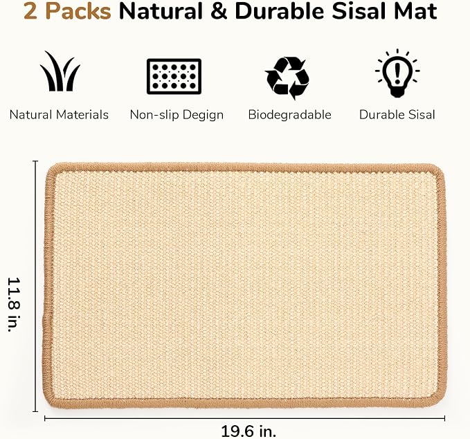 FUKUMARU 2 Packs Cat Scratching Mat, 19.6 x 11.8 Inch Cat Scratcher Pad | Natural Sisal Cat Scratch Mat for Indoor Cats, Horizontal Cat Wall Scratcher Floor Rug with Sticky Tapes, Furniture Protector