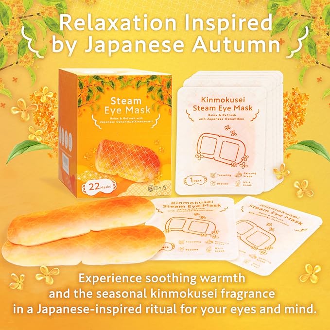 HIBINO | Steam Eye Mask | Self-Heating Warm Eye Masks for Relaxation, Sleep & Stress Relief | Gentle Heat for Dry, Puffy Eyes | Japanese Self Care for Women | Kinmokusei Aroma | 22 Pack