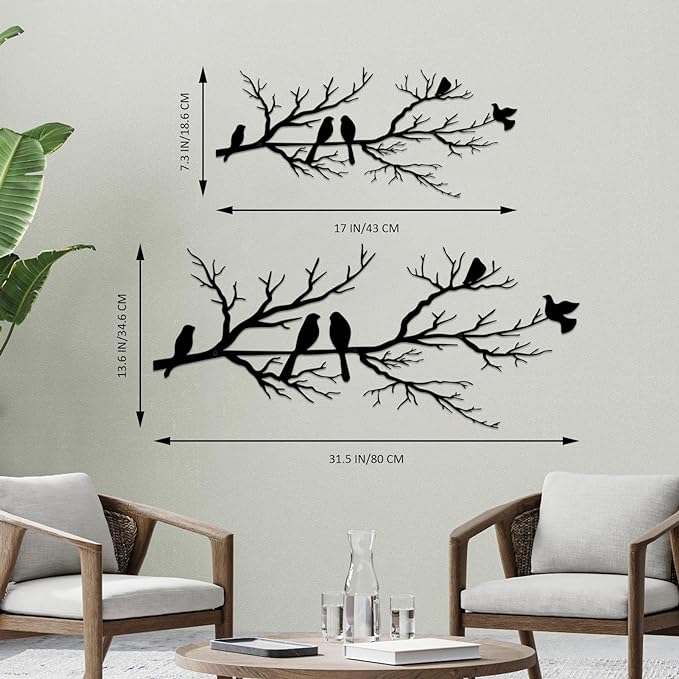 Metal Birds Wall Art, Metal Vivid Birds on Branch Silhouette Wall Decor Black Leaves with Bird Outdoor Hanging Wall Sculpture for Home Balcony Garden(Large)