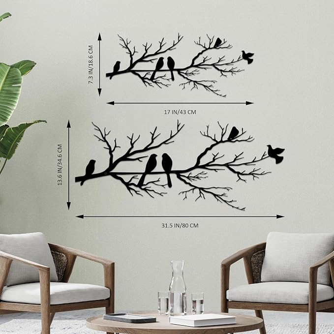 ESTART Metal Birds Wall Art, Metal Vivid Birds on Branch Silhouette Wall Decor Black Leaves with Bird Outdoor Hanging Wall Sculpture for Home Balcony Garden (Small)