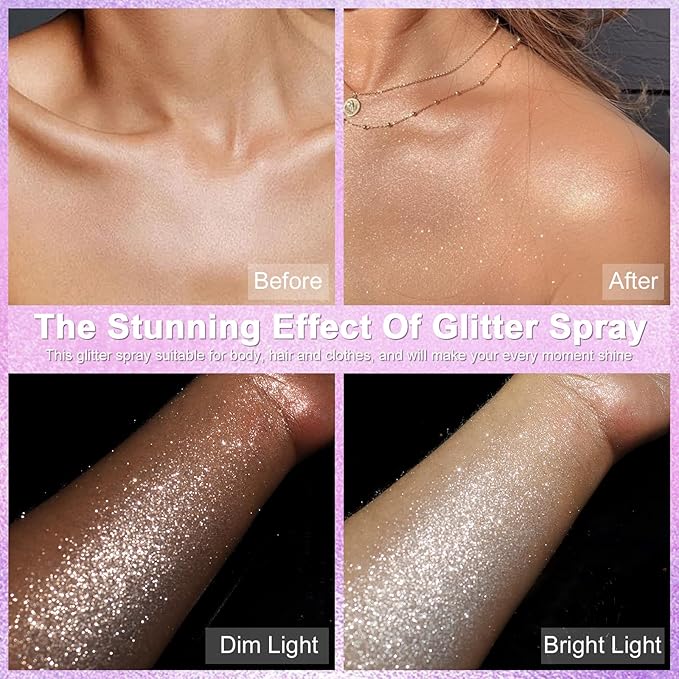 Yosca 150ML Body Glitter Spray, Diamond Silver Shiny Glitter Spray for Hair Body Clothes, Quick-Drying Long-Lasting Glitter Hairspray Shimmer Powder for Festival Concert Party Stage Rave Accessories