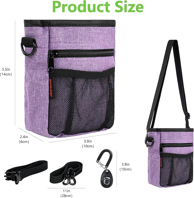 kissleaf Dog Treat Pouch, Magnetic Closure, Dog Clicker- Purple