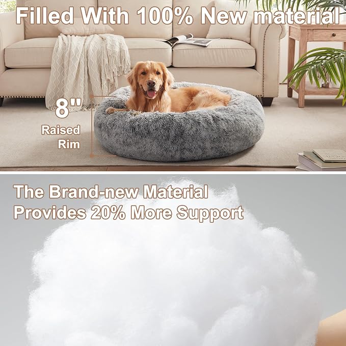 36 inches Faux Fur Fluffy Donut Dog Bed for Large Dogs,Dark Grey | Calming Plush Round Pet Bed with Removable & Washable Cover,Fits up to 80 lbs Pets