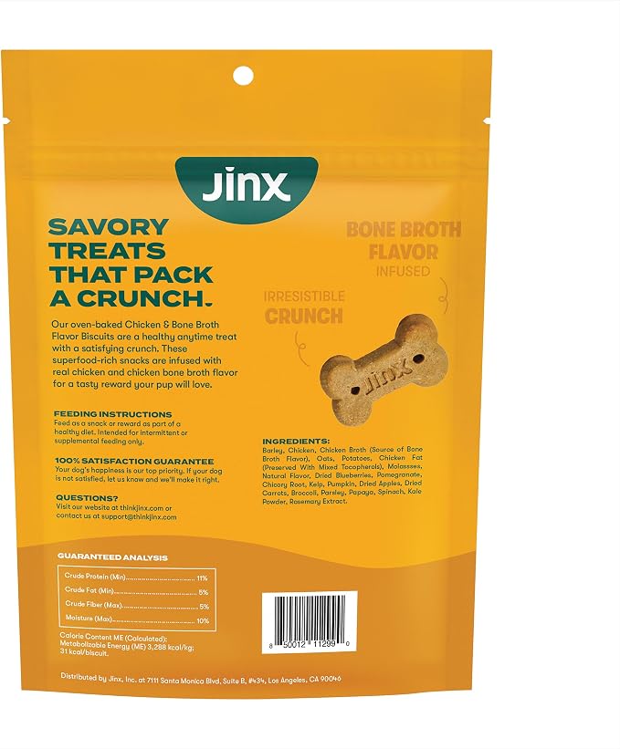 Jinx Oven-Baked Chicken Bone Broth Biscuit Treats, Crunchy, All Natural, Superfood-Rich with Real Chicken, Pumpkin & Blueberries, 16oz | 1-Pack Crunchy & Healthy Dog Treat, Superfood-Rich with Cage Free Chicken, Dog Cookies for Puppies, Adults & Senior...