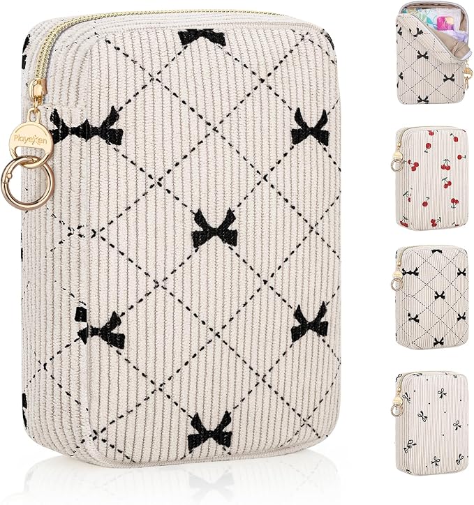 Corduroy Tampon Holder for Purse, Cute Large Period Bag with Ring Buckle, Portable Tampon Bag Organizer Case for Feminine Products (Bow-Beige)