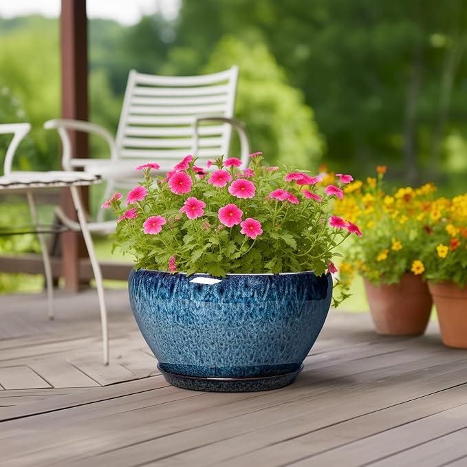 Ceramicfor Ceramic Plant Pots 13 Inch - Indoor Planter with Drainage Hole and Saucer, Decorative Large Planter for Indoor Outdoor Plants, Ceramic Flower Pots, Gifts for Plant Lovers, House Decor, Blue