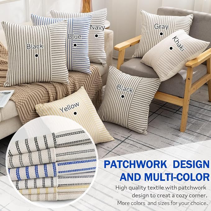 Farmhouse Euro Sham Pillow Covers 26x26, Modern Throw Pillow Covers Set of 2, Blue and Beige Striped Patchwork Linen Decorative Pillows Cushion Covers for Bed Sofa Couch Chair Living Room Home Decor