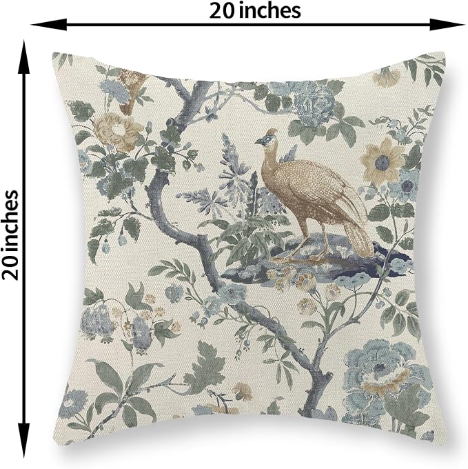 Chinoiserie Pillow Covers 20x20 Set of 2 Blue Bird Floral Throw Pillows Vintage Blue Green Flowers Decorations Outdoor Pillowcase Chinoiserie Decor Farmhouse Cushion Case for Couch Home