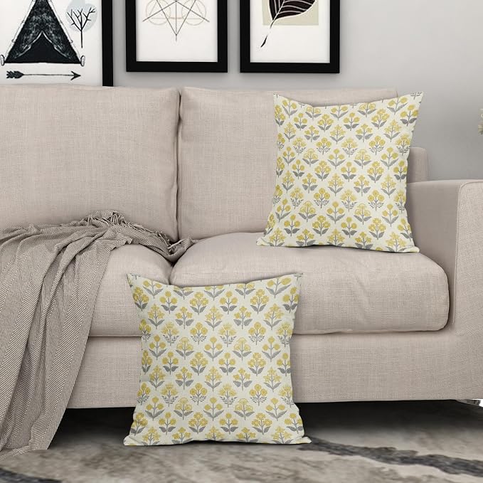 Yello Grey Gray Floral Pillow Covers 24x24 Inch Set of 2, Vintage Flower Block Print Pattern Decorative Throw Pillowcases Outdoor Farmhouse Cushion Covers Spring Summer Rustic Sofa Couch Bed Decor