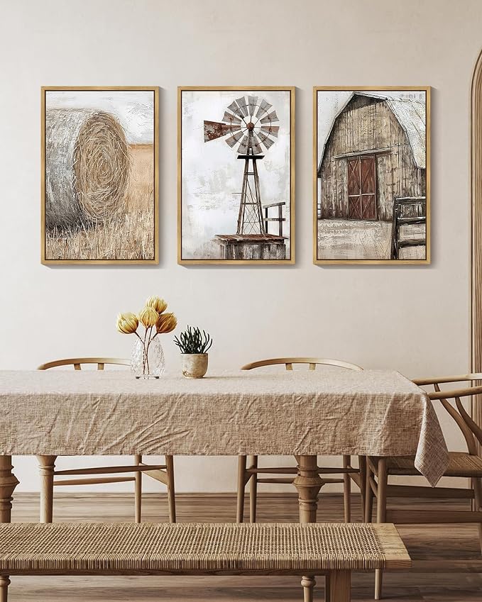 Drsoum Farmhouse Wall Art Vintage Rustic Windmill Barn Cornfield Pictures Framed Painting Landscape Countryside Rural Canvas Artwork Home Decor Ready to Hang 16x24in - Natural Framed