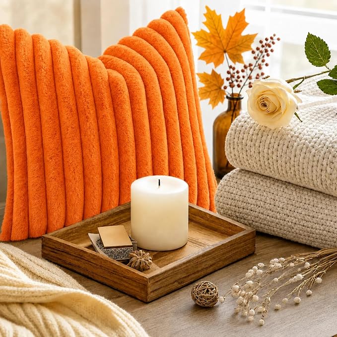 decorUhome Fall Faux Fur Throw Pillow Covers 20x20 Set of 2 Orange | Decorative Soft Cozy Striped Plush Modern Farmhouse Boho Couch Pillow Cases Velvet Back for Sofa Bed Living Room Home Decor