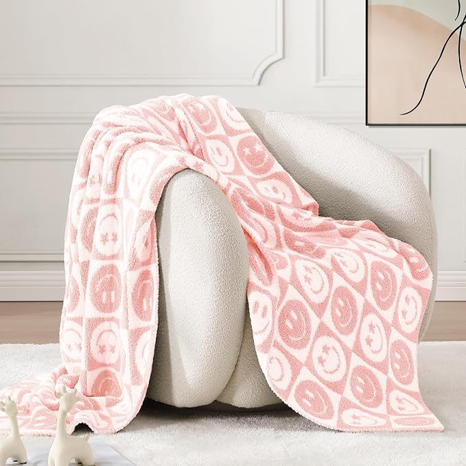 Soft Checkered Throw Blanket for Couch-Cozy Warm Knitted Blankets | Lightweight Warm Fluffy Decor for Women, Mom, Her & Girls, Sofa, Chair, Bed, 50x60in,Blossom Smiling Face