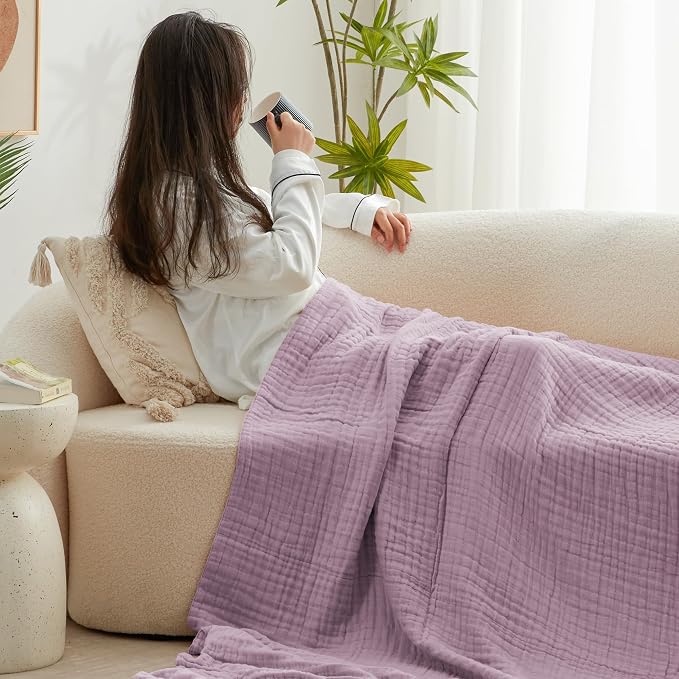 Love's cabin 100% Cotton Muslin Blanket, 6 Layer Lightweight Breathable Gauze Large Throw Blanket 50 x 70 Inches, Soft Cooling All Season Blanket for Couch or Sofa, Lavender