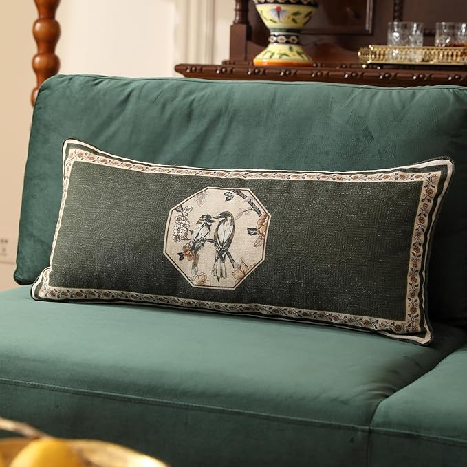 Vintage Elegant Linen Rectangle Throw Pillow Cover,28"x12"-Murad E | Designer French Green Pillow Cover,Concealed Zipper Design,Floral and Bird Pattern,Sofa,Bedroom,Living Room,Lounge Chairs