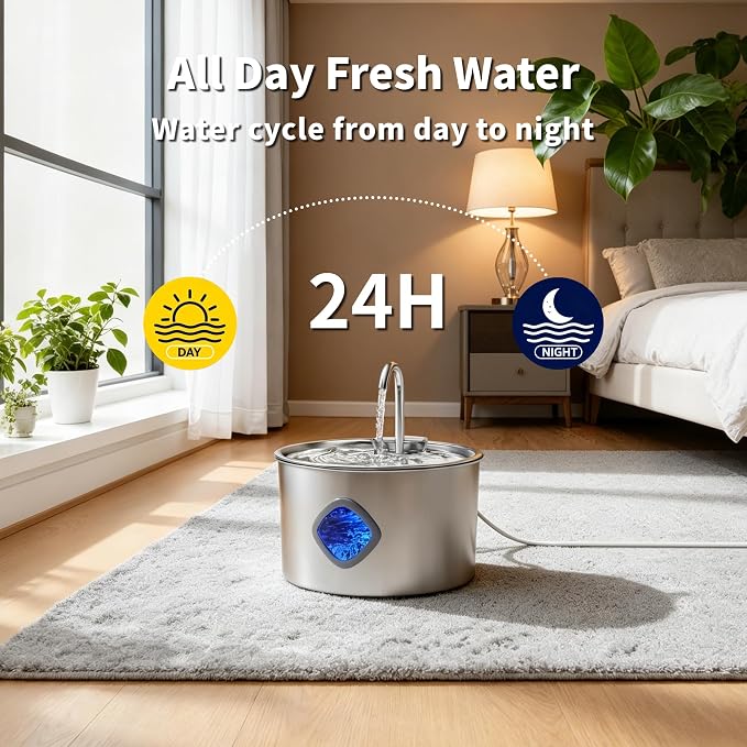 Cat Water Fountain Stainless Steel: 108oz/3.2L Cat Fountain for Drinking - Pet Water Fountains for Cats Indoor - Cat Water Bowl Dispenser - Pets Feeding & Watering Supplies - Water Level Window