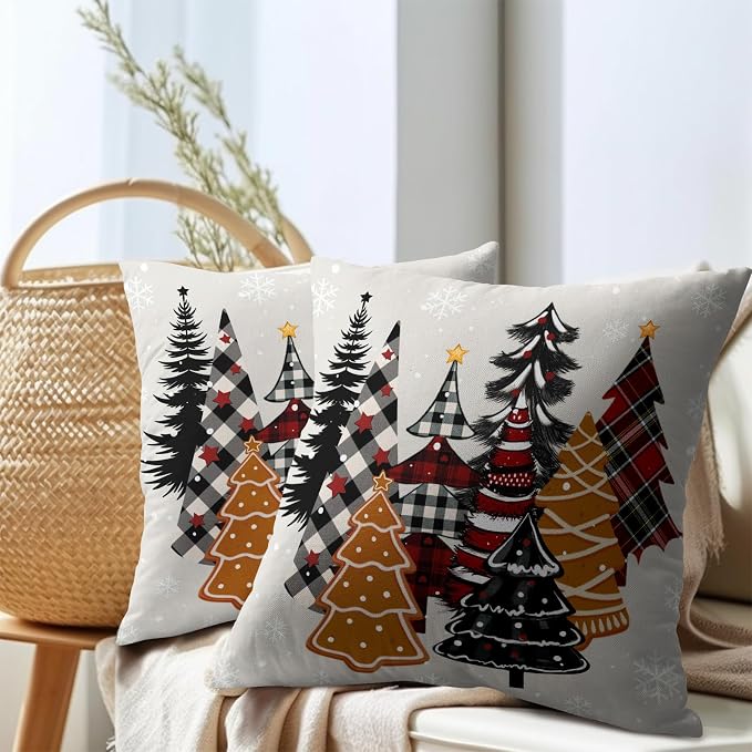 Kawani Christmas Throw Pillow Covers 18 x 18 Inches, Set of 2 Buffalo Plaid Gingerbread Xmas Trees Vintage Cotton Linen Square Pillowcases for Sofa Couch Bed Cushion Decoration