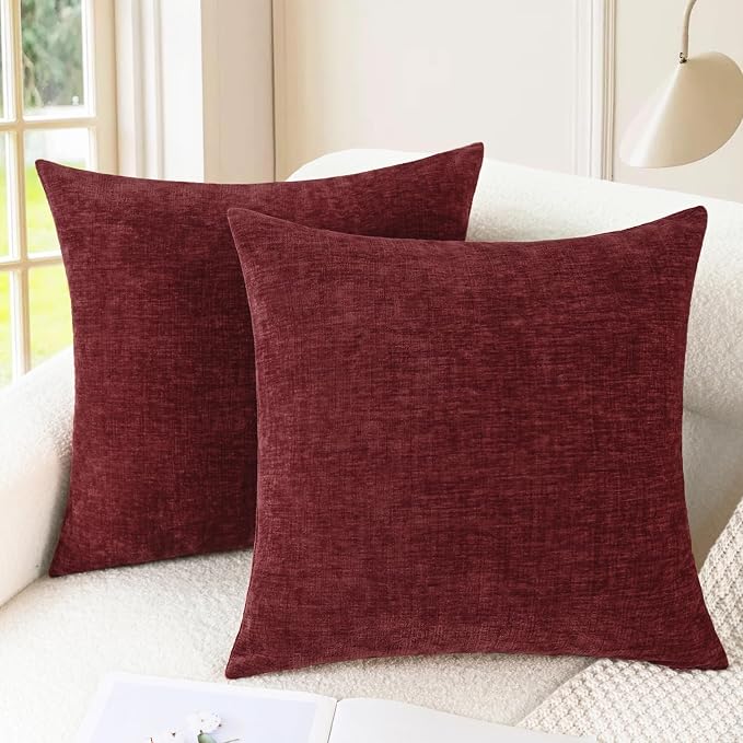 CaliTime Decorative Couch Throw Pillow Covers 22 X 22 Inches Burgundy | Pack of 2, Cozy Chenille Cushion Cases for Sofa Bed Living Room Farmhouse Home