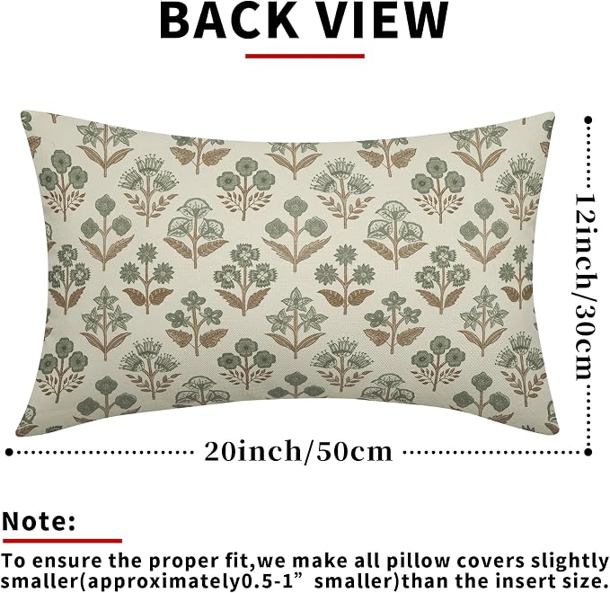 Brown Green Floral Pillow Covers 12x20 Inch Set of 2, Block Print Lumbar Flower Cream Decorative Throw Pillowcases Outdoor Farmhouse Rectangle Cushion Covers Spring Summer Sofa Couch Bed Decor