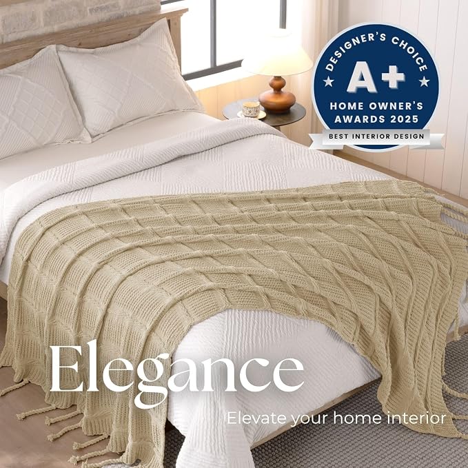 Boho Knitted Chenille Blanket with Tassels - Lightweight & Soft All-Season Throw - 3D Classic Pattern for Living Room Bedroom Couch, Sandy Beige, King 90"x108"
