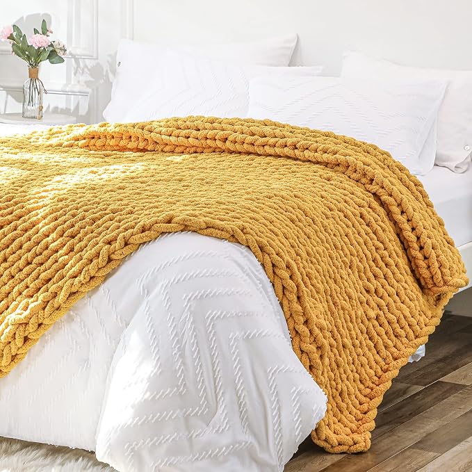 Bigacogo Chunky Knit Throw Blanket for Couch, 51x63 inches, Mustard Yellow | Hand Knit with Jumbo Chenille, Soft Breathable Cable Knit for Sofa Bed Living Room, Machine Washable, Gift for Mom Friend
