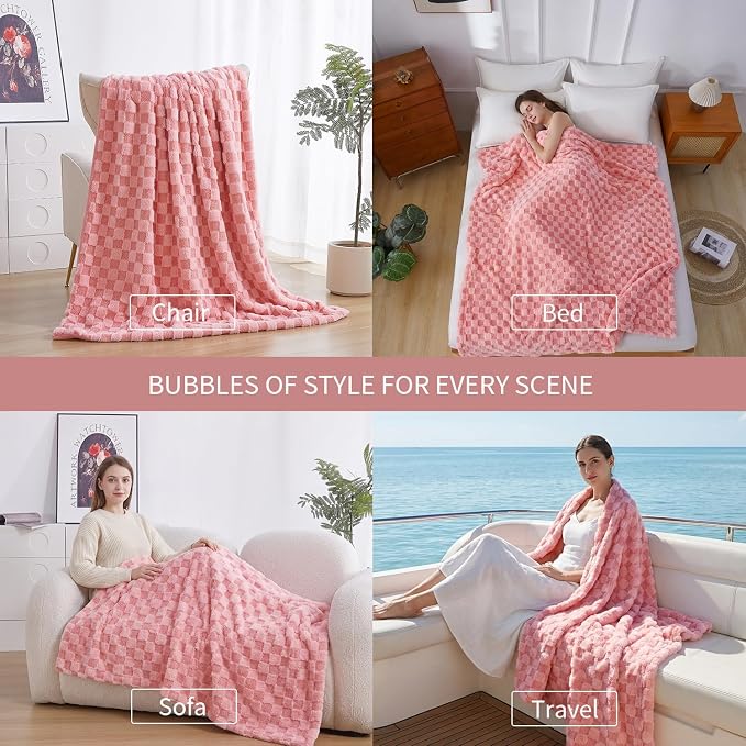 Luxury 3D Checkered Throw Blanket Reversible Thick Warm Blankets for Couch | Soft Velvet Flannel Fuzzy Plush Gift for Women