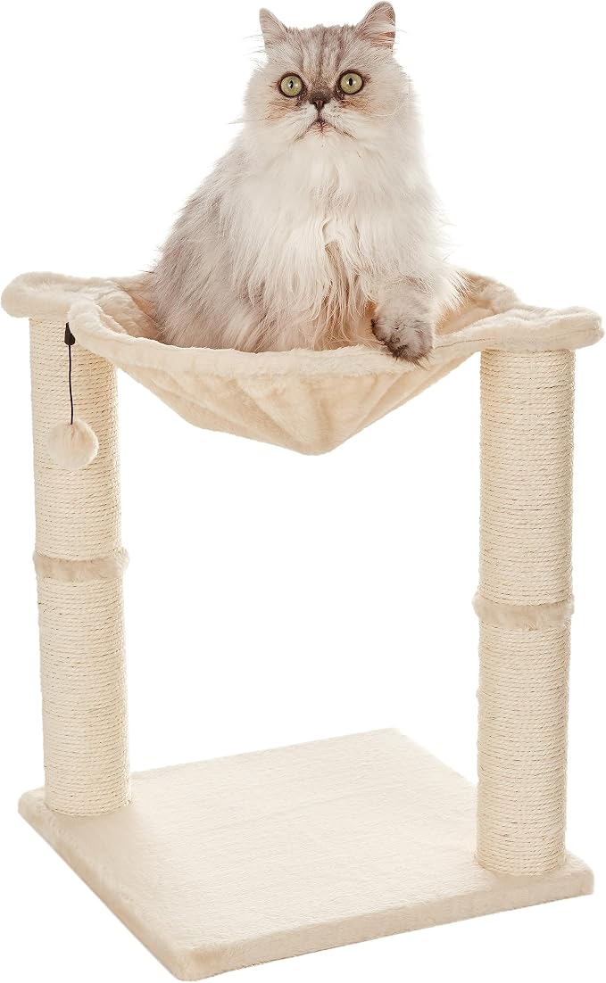 Amazon Basics Cat Tower with Hammock Bed and Scratching Post for Indoor Cats, Easy to Assemble, Interactive Hanging Ball, 15.8" x 15.8" x 19.7", Beige