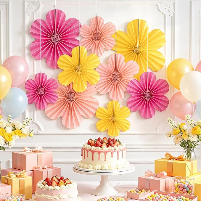 SUNBEAUTY Paper Flowers Decorations for Wall, Paper Flower Fan Classroom Decoration Paper Floral Backdrop Decor Paper Fans Decoration Hanging Paper Fans Pink Yellow Flower Wall Decor