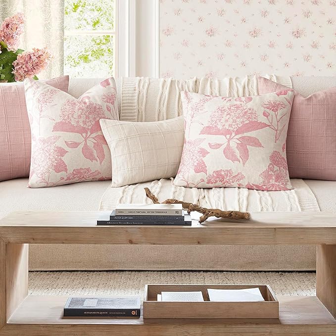 Foindtower Set of 2 Linen Floral Throw Pillow Covers Neutral Vintage Print Decorative Cozy Cushion Covers Farmhouse Boho Home Decor for Sofa Chair Couch Bedroom Living Room,18×18 Inch,Light Pink