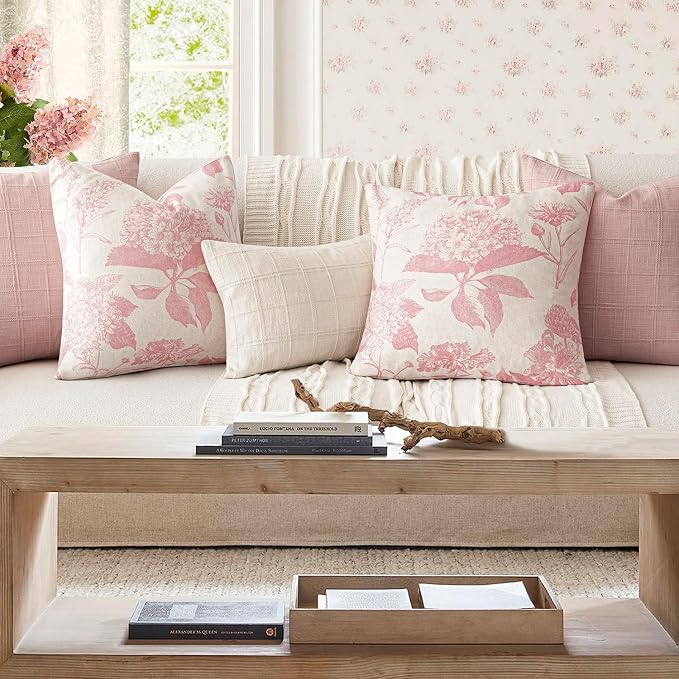 Foindtower Set of 2 Linen Floral Throw Pillow Covers Neutral Vintage Print Decorative Cozy Cushion Covers Farmhouse Boho Home Decor for Sofa Chair Couch Bedroom Living Room,22×22 Inch,Light Pink