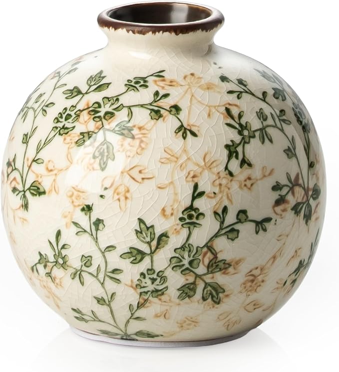 Ceramic Flower Vase for Home Decor, Vintage Green Decorative Vase 5.9 Inch | Rustic Farmhouse Floral Vase for Bookshelf, Coffee Table, Living Room, Kitchen, Mantel, Entryway, Wedding Centerpiece