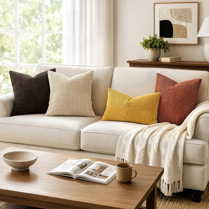 MIULEE Mustard Yellow Decorative Lumbar Throw Pillow Covers 12x20 in 2 Pack | Summer Boho Farmhouse Pillow Covers, Soft Cross Corduroy Patchwork Textured Cushion Cases For Bed Sofa
