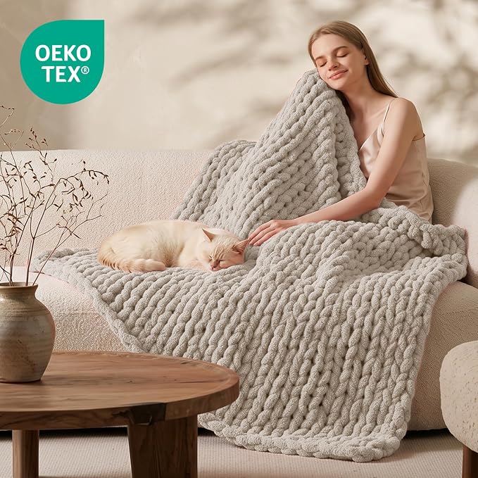 L'AGRATY Chunky Knit Throw Blanket for Couch, 50 x 70 Inches, Light Taupe | Handmade Chenille Crochet Blanket for Sofa Bed, Thick Cable Knitted Blankets for Room Home Decor, Birthday Gift for Women Mom