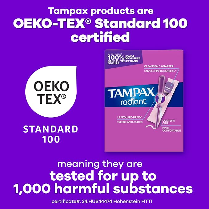 Tampax Radiant Tampons for Women,with LeakGuard Braid,Regular Absorbency,Unscented,84 Count (Pack of 2)